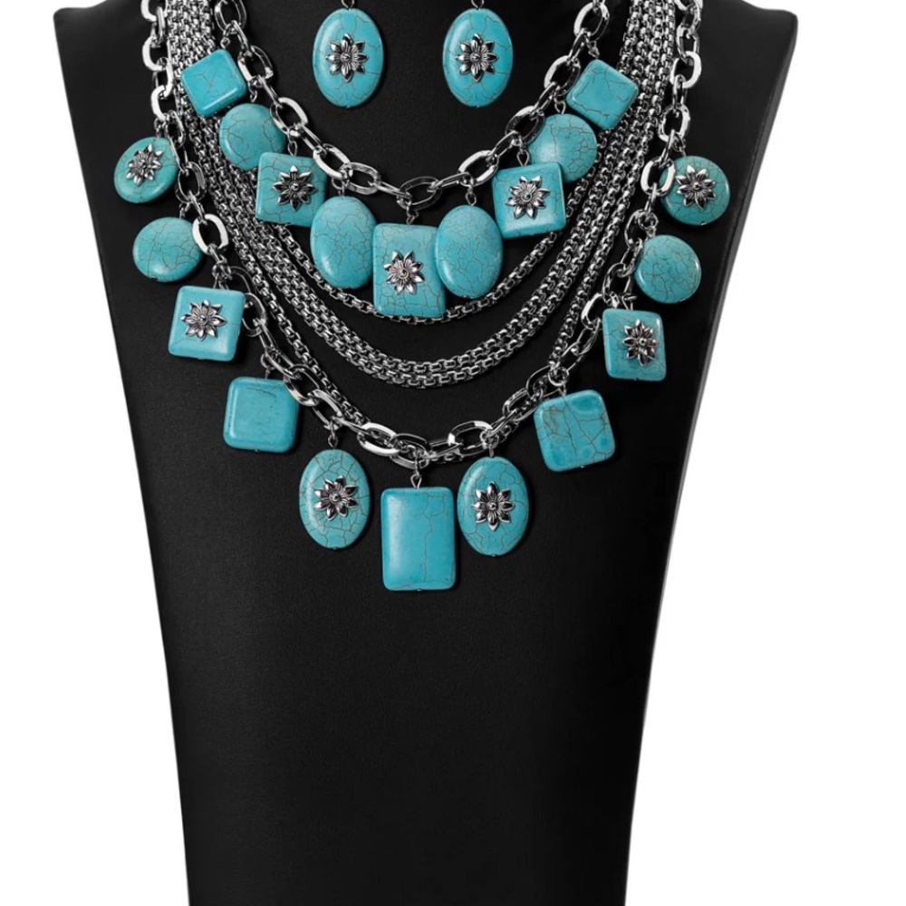 Turquoise and Silver Statement Necklace Set